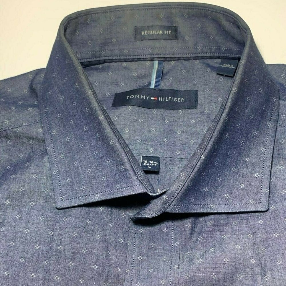 Tommy Hilfiger Men's L Button Down Long Sleeve Blue White Pattern Collared Shirt